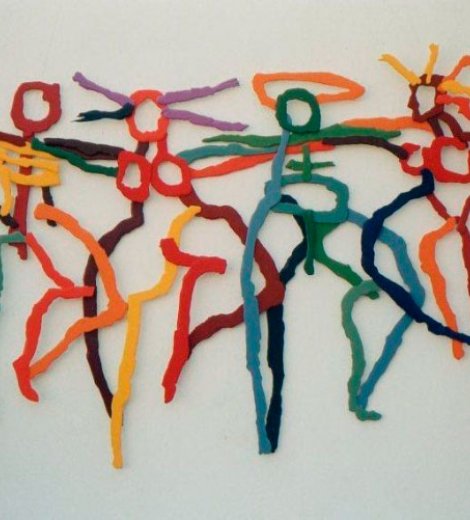 “Juntos nuevamente”, relieve de madera pintado con  acrílico, 115 x 80 x 5 cm,1999